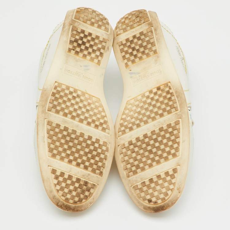Pre Owned Louis Vuitton White Leather and Multicolor Monogram Canvas Lace Up Sneakers Size 38.5