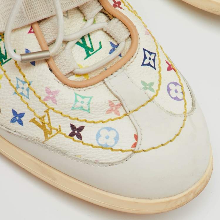 Pre Owned Louis Vuitton White Leather and Multicolor Monogram Canvas Lace Up Sneakers Size 38.5