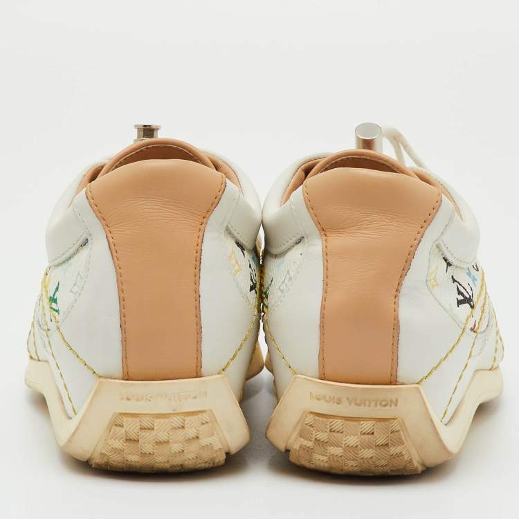 Pre Owned Louis Vuitton White Leather and Multicolor Monogram Canvas Lace Up Sneakers Size 38.5