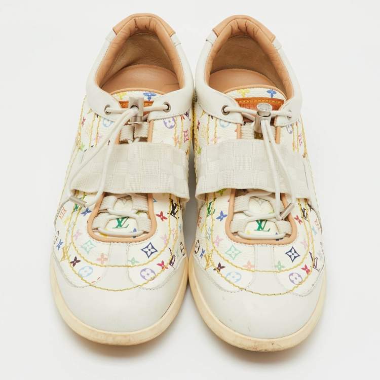 Pre Owned Louis Vuitton White Leather and Multicolor Monogram Canvas Lace Up Sneakers Size 38.5