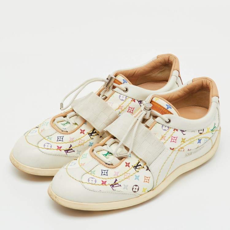 Pre Owned Louis Vuitton White Leather and Multicolor Monogram Canvas Lace Up Sneakers Size 38.5