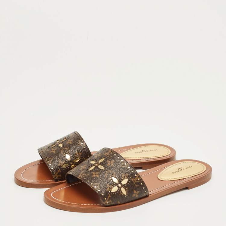 Pre Owned Louis Vuitton Monogram Canvas Lock It Flat Slides Size 38