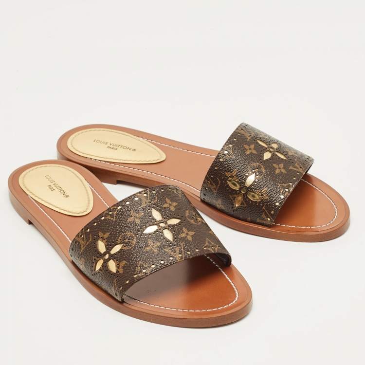 Pre Owned Louis Vuitton Monogram Canvas Lock It Flat Slides Size 38