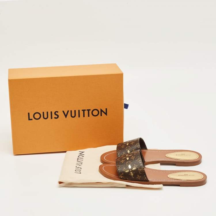 Pre Owned Louis Vuitton Monogram Canvas Lock It Flat Slides Size 38