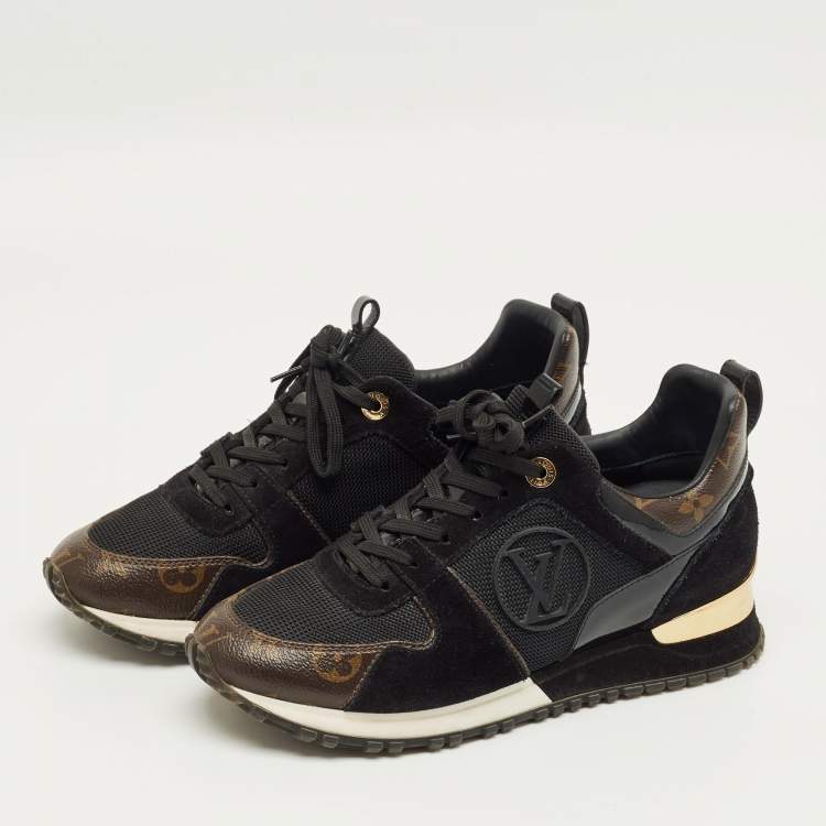 Pre Owned Louis Vuitton Black/Brown Monogram Canvas and Mesh Run Away Lace Up Sneakers Size 36.5