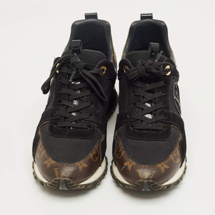 Pre Owned Louis Vuitton Black/Brown Monogram Canvas and Mesh Run Away Lace Up Sneakers Size 36.5