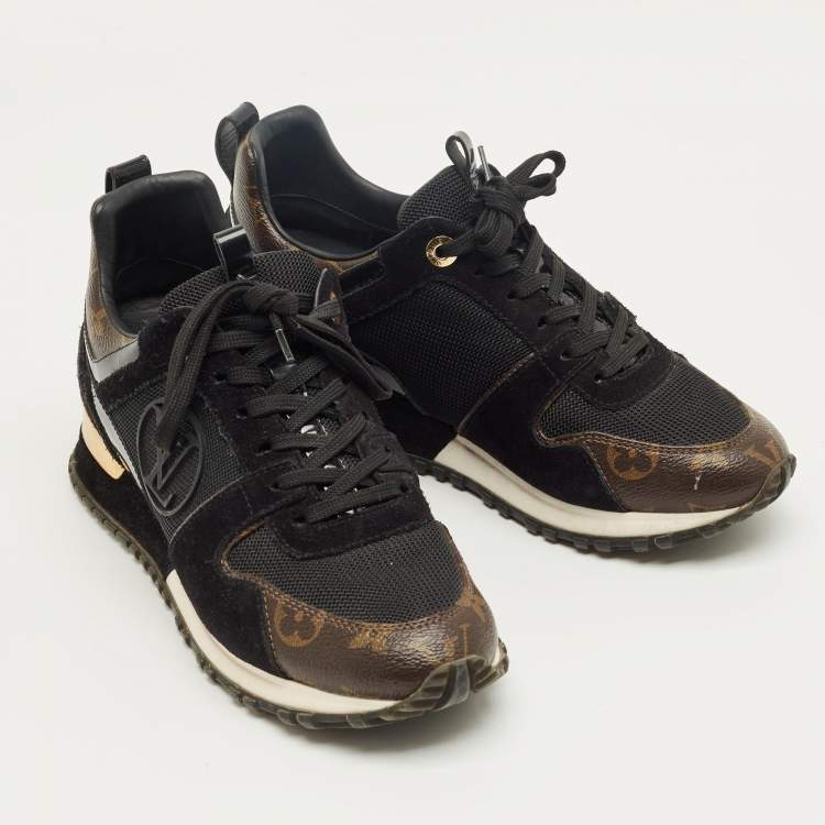 Pre Owned Louis Vuitton Black/Brown Monogram Canvas and Mesh Run Away Lace Up Sneakers Size 36.5