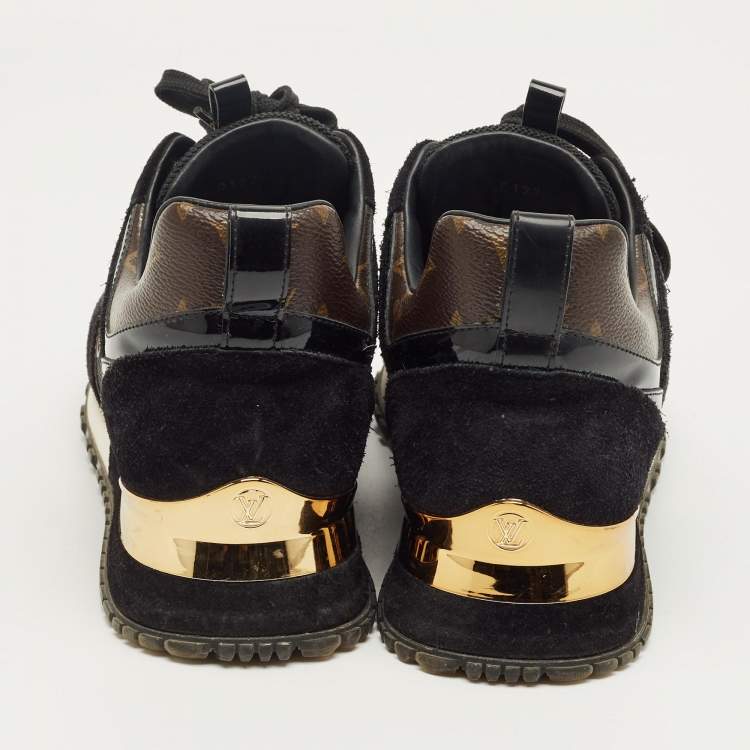 Pre Owned Louis Vuitton Black/Brown Monogram Canvas and Mesh Run Away Lace Up Sneakers Size 36.5