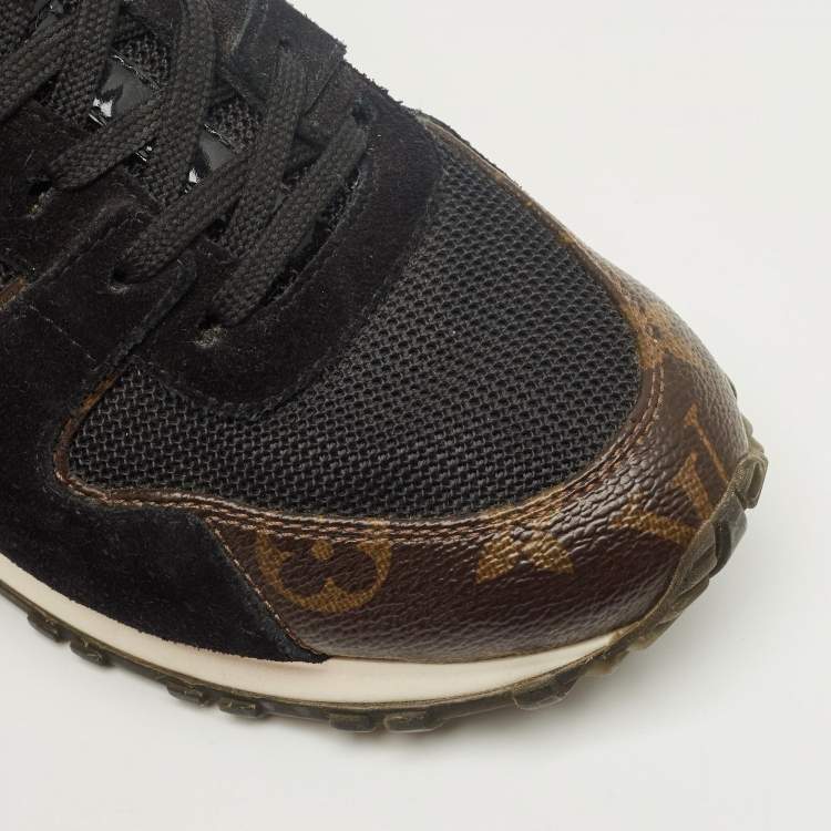 Pre Owned Louis Vuitton Black/Brown Monogram Canvas and Mesh Run Away Lace Up Sneakers Size 36.5