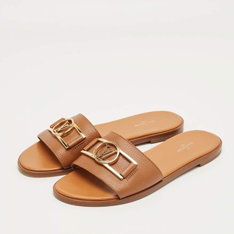 Pre Owned Louis Vuitton Brown Leather Lock It Flat Sandals Size 39