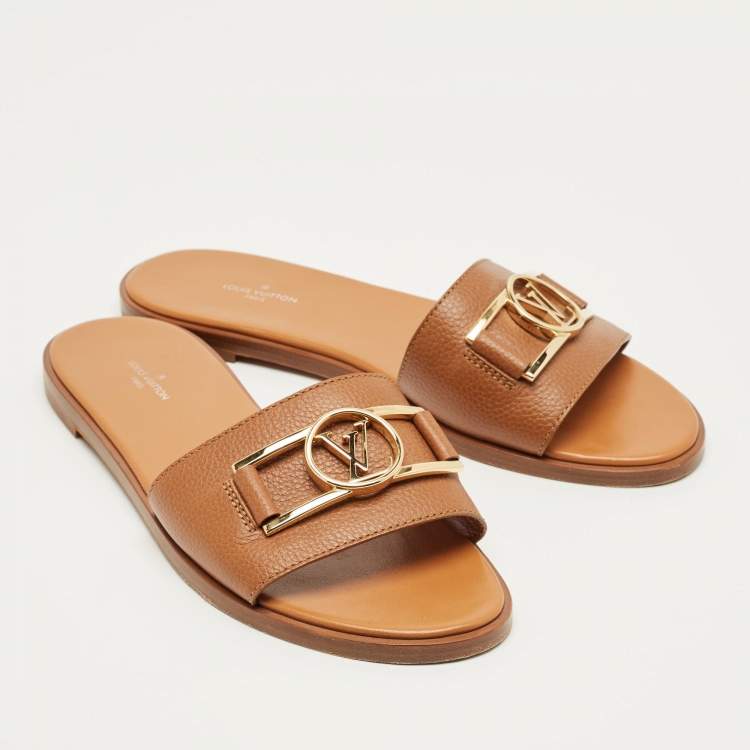 Pre Owned Louis Vuitton Brown Leather Lock It Flat Sandals Size 39