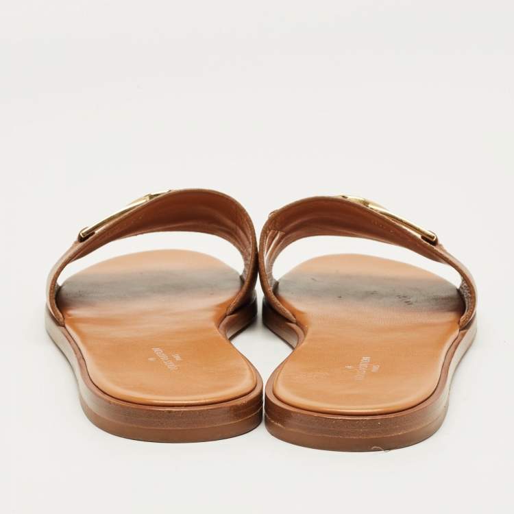 Pre Owned Louis Vuitton Brown Leather Lock It Flat Sandals Size 39