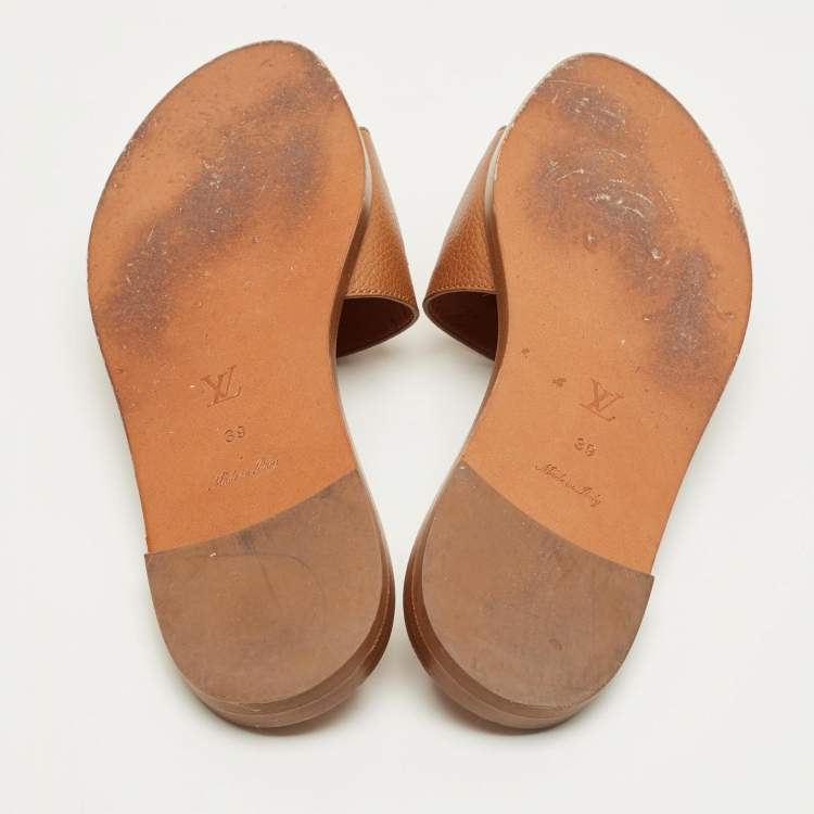 Pre Owned Louis Vuitton Brown Leather Lock It Flat Sandals Size 39