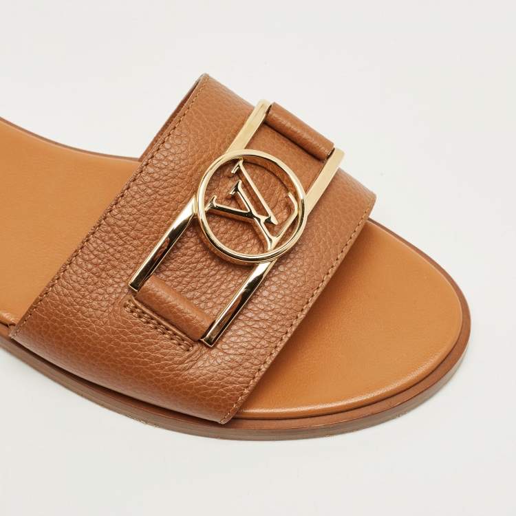 Pre Owned Louis Vuitton Brown Leather Lock It Flat Sandals Size 39