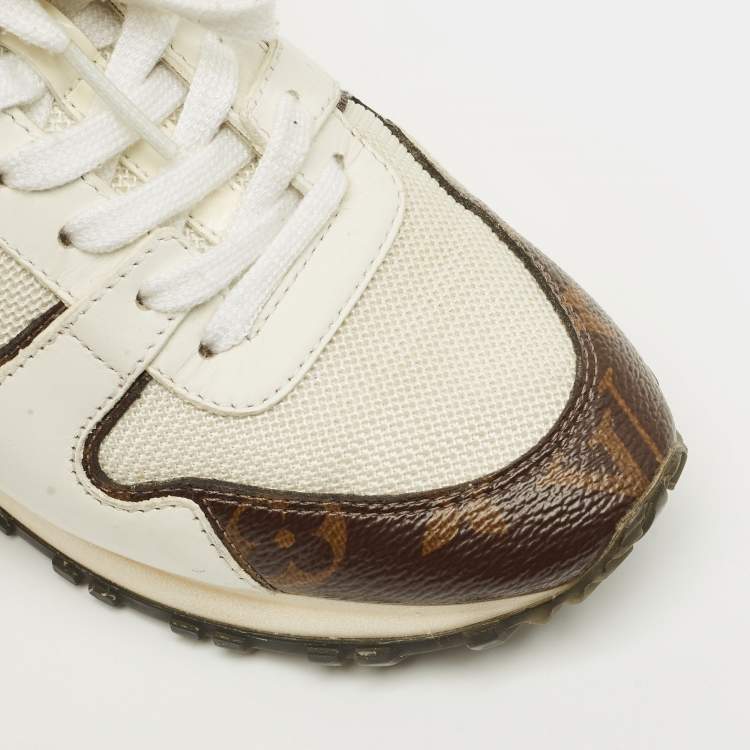 Pre Owned Louis Vuitton White/Brown Monogram Canvas and Leather Run Away Low Top Sneakers Size 35