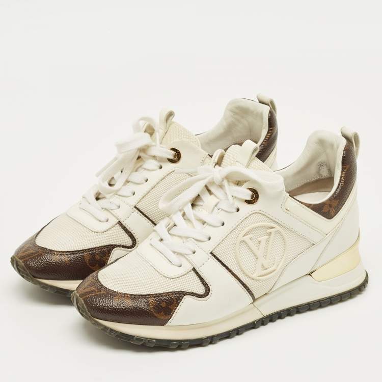 Pre Owned Louis Vuitton White/Brown Monogram Canvas and Leather Run Away Low Top Sneakers Size 35