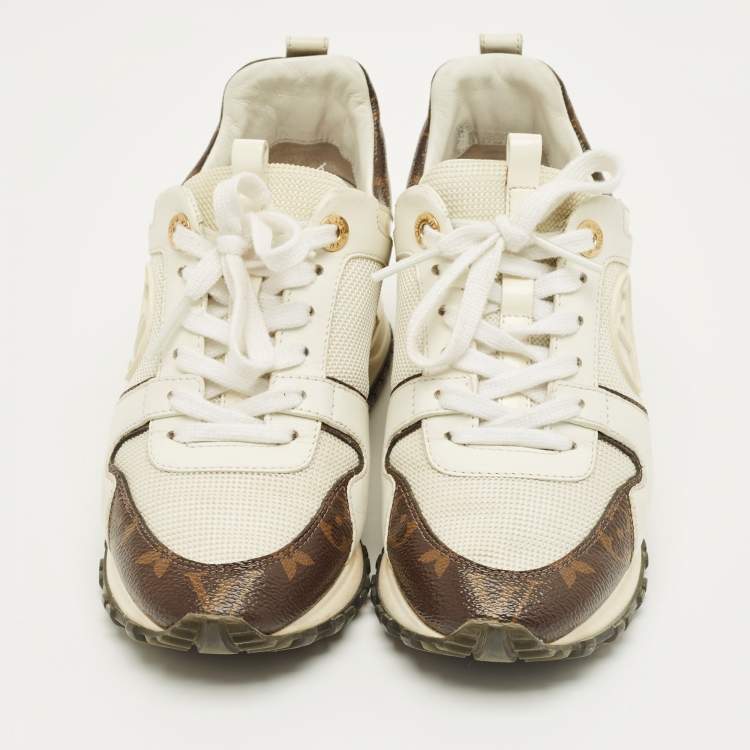 Pre Owned Louis Vuitton White/Brown Monogram Canvas and Leather Run Away Low Top Sneakers Size 35