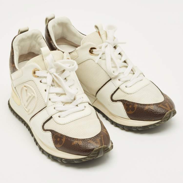 Pre Owned Louis Vuitton White/Brown Monogram Canvas and Leather Run Away Low Top Sneakers Size 35