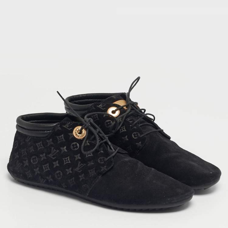 Pre Owned Louis Vuitton Black Monogram Suede Lace Up Sneakers Size 36