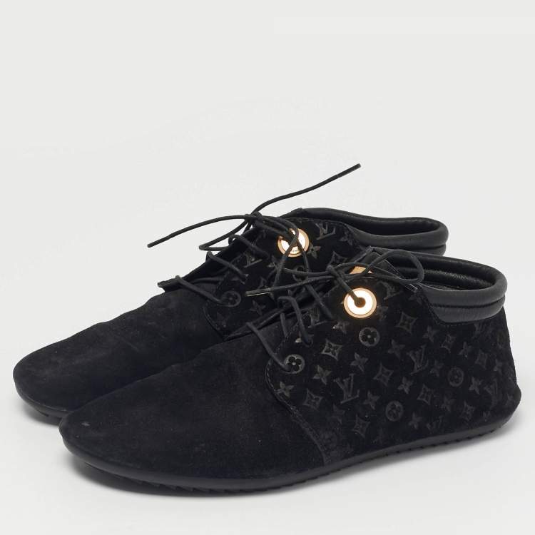 Pre Owned Louis Vuitton Black Monogram Suede Lace Up Sneakers Size 36