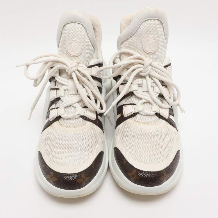 Pre Owned Louis Vuitton White/Brown Canvas and Mesh Archlight Sneakers Size 38.5