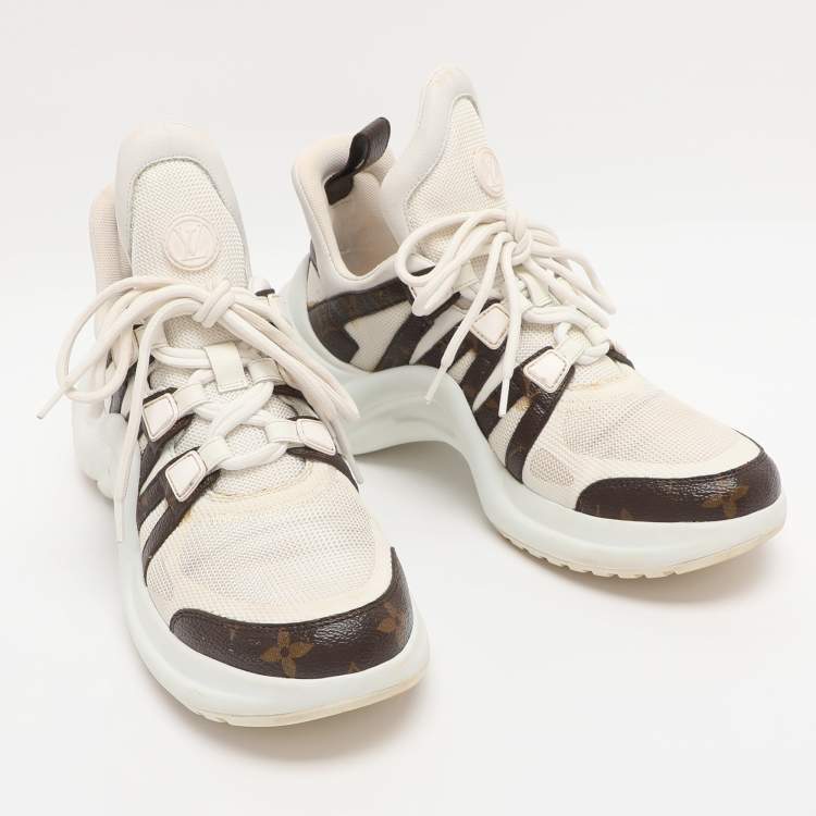 Pre Owned Louis Vuitton White/Brown Canvas and Mesh Archlight Sneakers Size 38.5