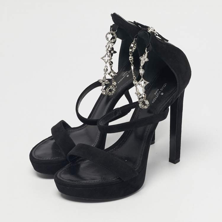 Pre Owned Louis Vuitton Black Suede Ankle Strap Platform Sandals Size 38