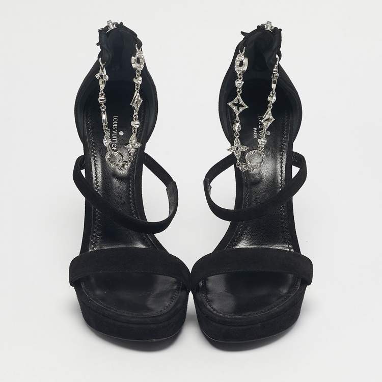 Pre Owned Louis Vuitton Black Suede Ankle Strap Platform Sandals Size 38
