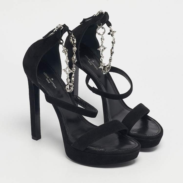 Pre Owned Louis Vuitton Black Suede Ankle Strap Platform Sandals Size 38