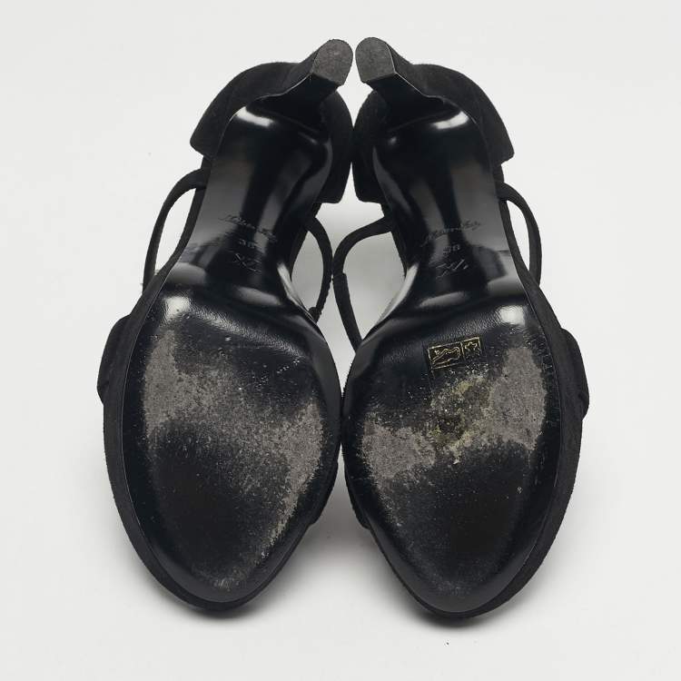 Pre Owned Louis Vuitton Black Suede Ankle Strap Platform Sandals Size 38