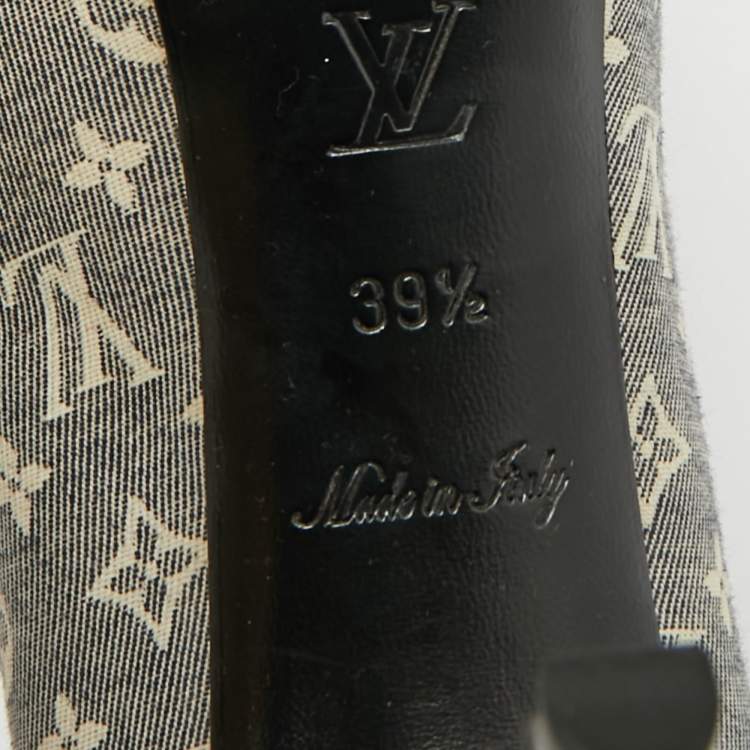 Pre Owned Louis Vuitton Blue Mini Lin Monogram Canvas and Patent Leather Peep Toe Pumps Size 39.5