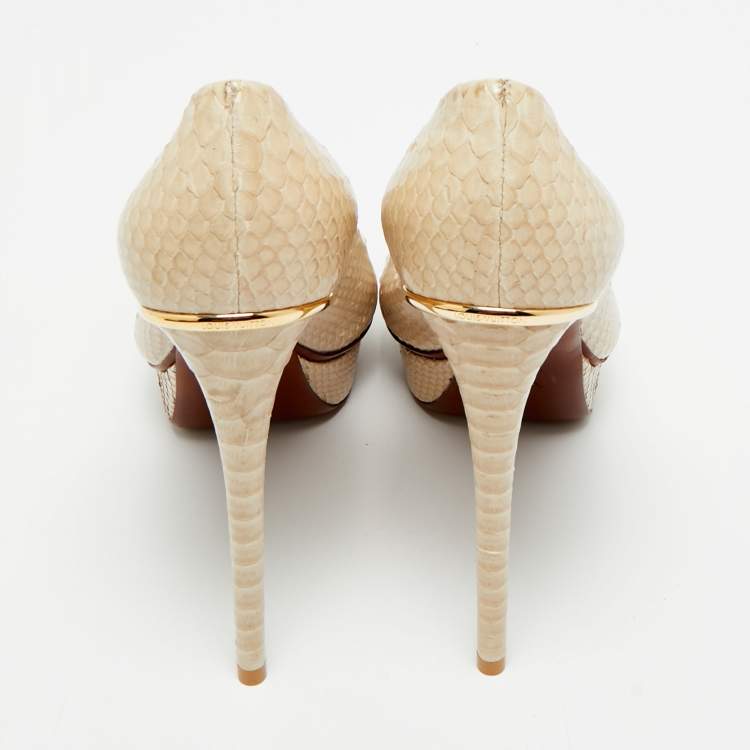 Pre Owned Louis Vuitton Cream Python Leather Miss Peep Toe Pumps Size 40