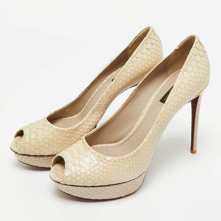 Pre Owned Louis Vuitton Cream Python Leather Miss Peep Toe Pumps Size 40