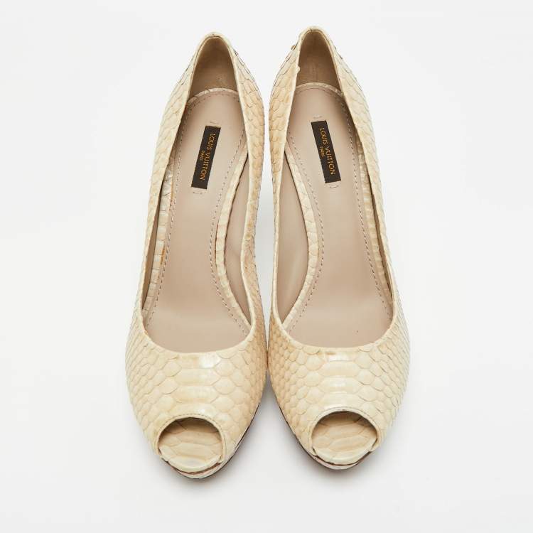 Pre Owned Louis Vuitton Cream Python Leather Miss Peep Toe Pumps Size 40