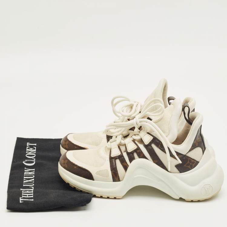 Pre Owned Louis Vuitton White/Brown Mesh and Monogram Canvas Archlight Sneakers Size 36.5