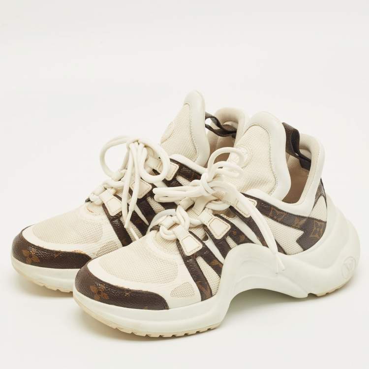 Pre Owned Louis Vuitton White/Brown Mesh and Monogram Canvas Archlight Sneakers Size 36.5