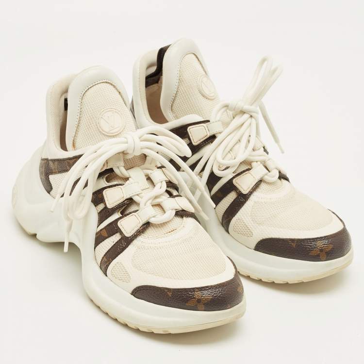 Pre Owned Louis Vuitton White/Brown Mesh and Monogram Canvas Archlight Sneakers Size 36.5