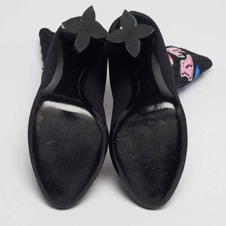 Pre Owned Louis Vuitton Black Knit Fabric LV Black Heart Sock Ankle Boots Size 39