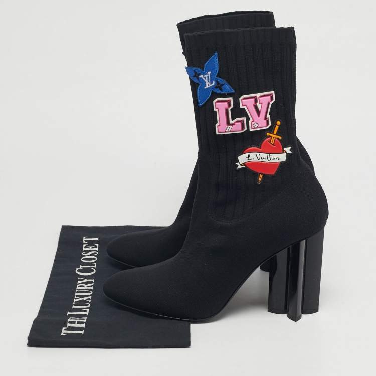 Pre Owned Louis Vuitton Black Knit Fabric LV Black Heart Sock Ankle Boots Size 39