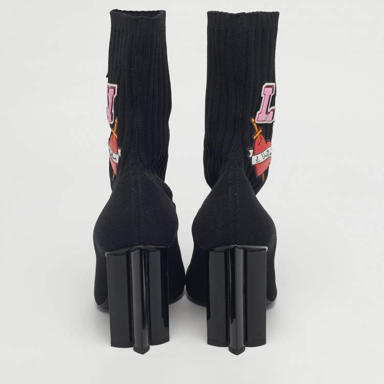 Pre Owned Louis Vuitton Black Knit Fabric LV Black Heart Sock Ankle Boots Size 39