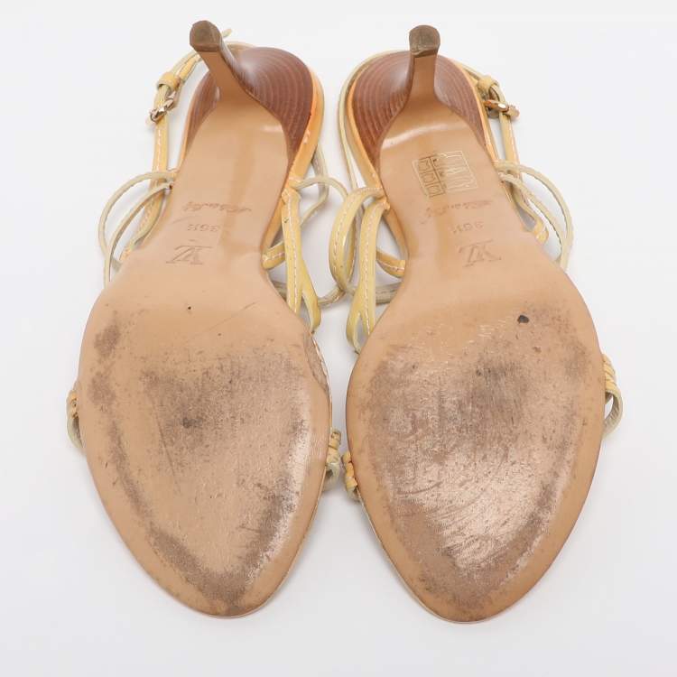 Pre Owned Louis Vuitton Yellow Patent Leather Strappy Slingback Sandals Size 36.5