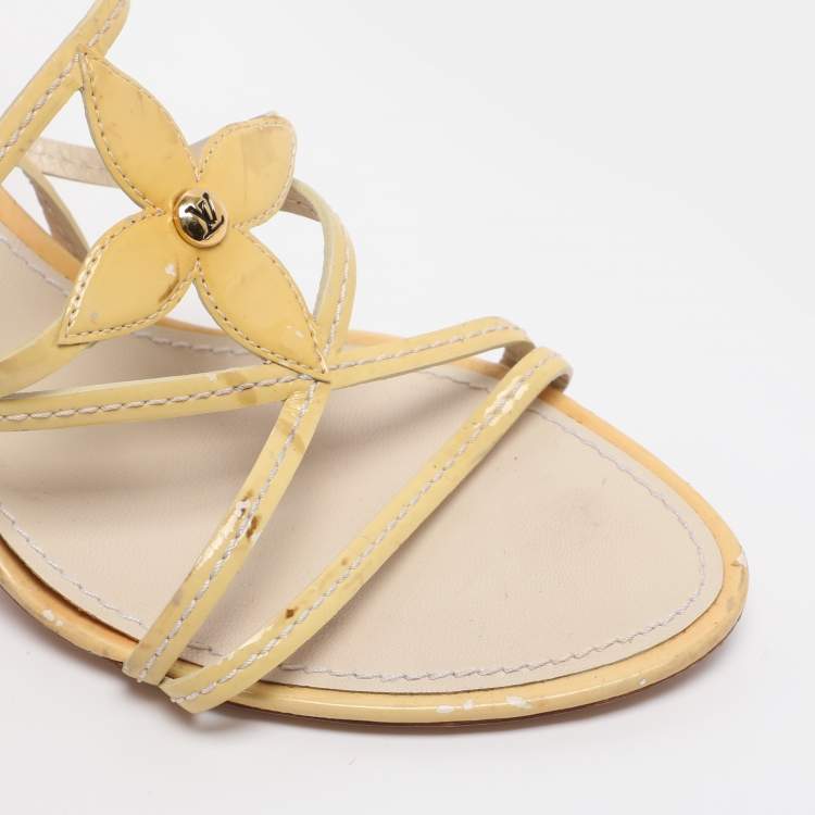 Pre Owned Louis Vuitton Yellow Patent Leather Strappy Slingback Sandals Size 36.5