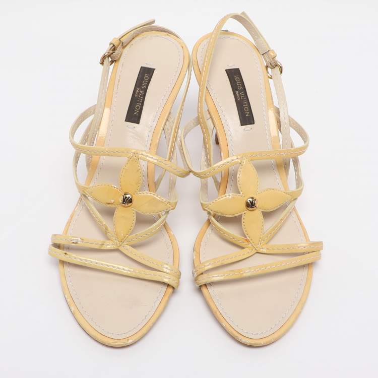 Pre Owned Louis Vuitton Yellow Patent Leather Strappy Slingback Sandals Size 36.5
