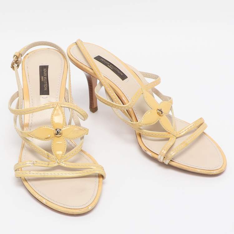 Pre Owned Louis Vuitton Yellow Patent Leather Strappy Slingback Sandals Size 36.5