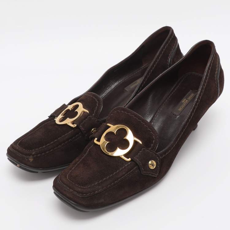 Pre Owned Louis Vuitton Brown Suede Leather Loafer Pumps Size 39