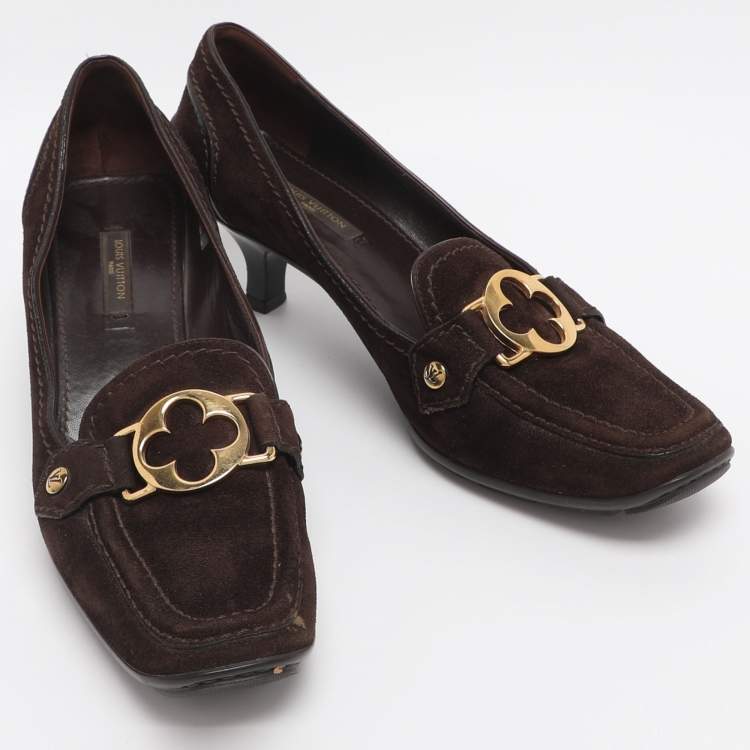 Pre Owned Louis Vuitton Brown Suede Leather Loafer Pumps Size 39