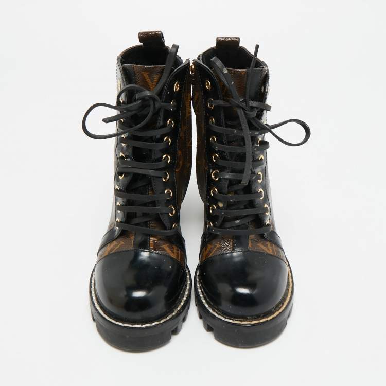 Pre Owned Louis Vuitton Brown/Black Monogram Canvas and Patent Leather Star Trail Ankle Boot Size 36