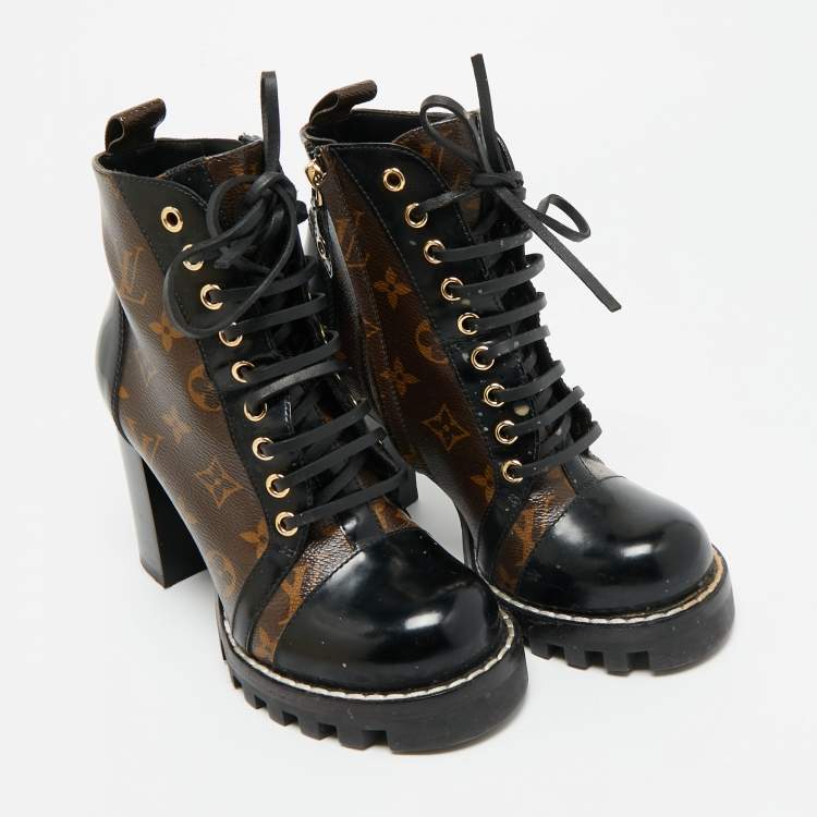Pre Owned Louis Vuitton Brown/Black Monogram Canvas and Patent Leather Star Trail Ankle Boot Size 36
