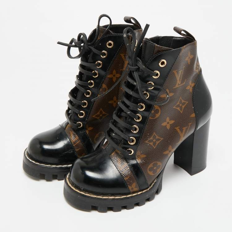 Pre Owned Louis Vuitton Brown/Black Monogram Canvas and Patent Leather Star Trail Ankle Boot Size 36