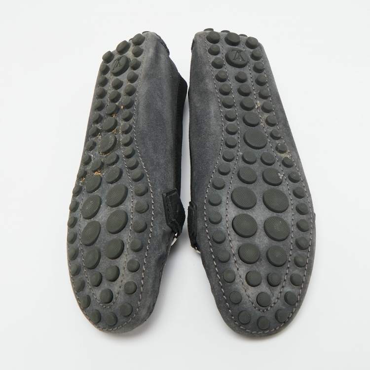 Pre Owned Louis Vuitton Grey/Black Suede Logo Slip On Loafers Size 37